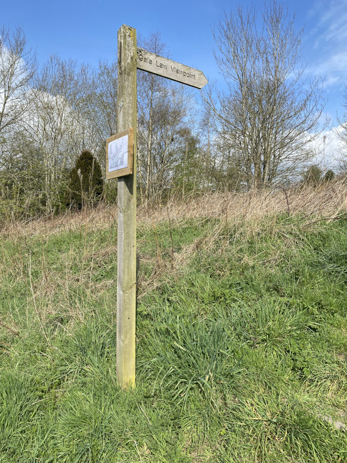 Wooden signpost pointing up a gorse covered hill, reads Gala law viewpoint