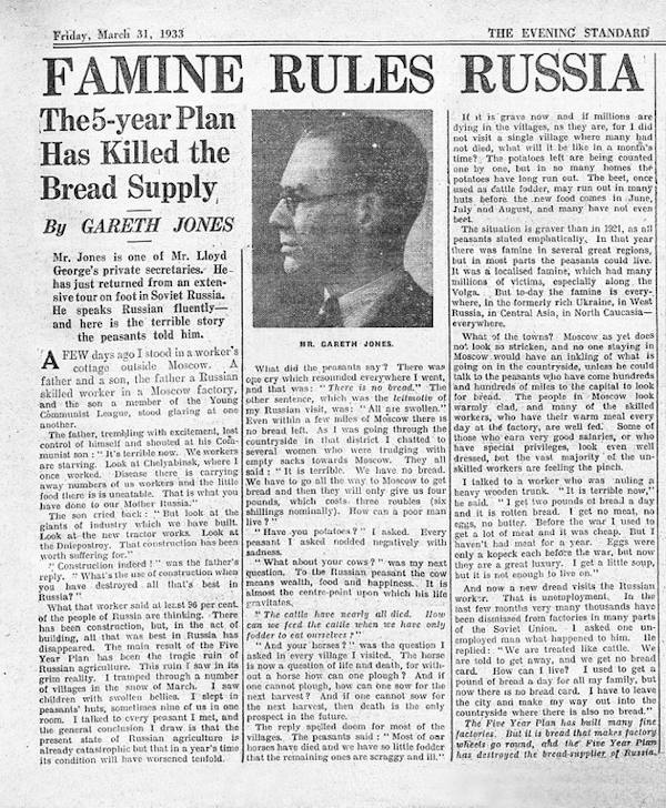 Gareth Jones reporting in a Newspaper that Five year collectivisation  plan has killed Bread Supply