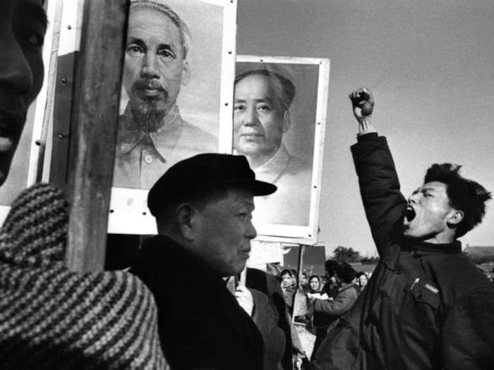 Red Guard fist salutes Mao and Engels