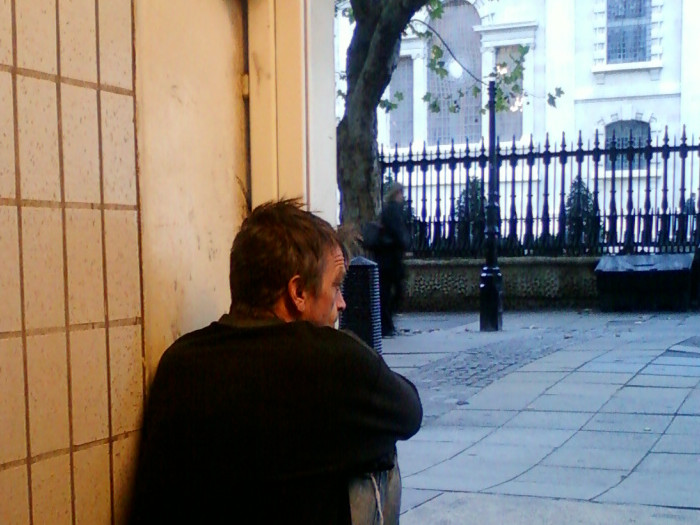 INGSOC Victim dissposessed and vagrant outside Saint Martin in the Fields Church.