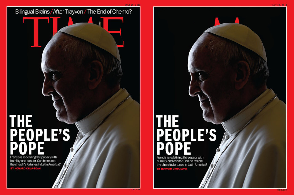 cover of time magazine announcing jorge bergoglio as the peoples pope, red letters display a shadowed pope with red horns