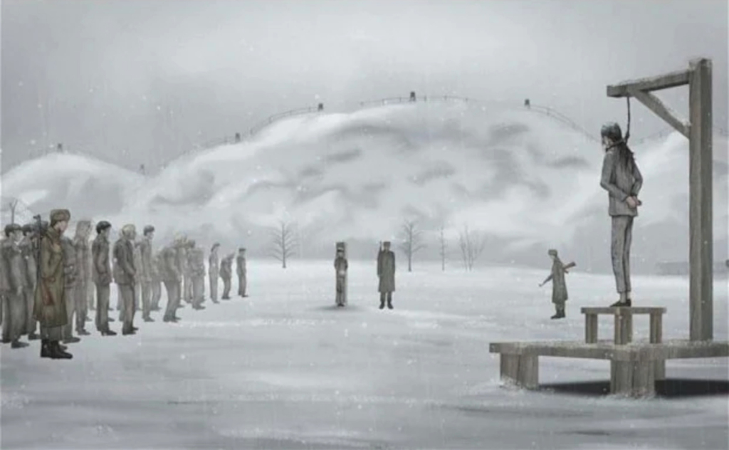 Screenshot from the film Camp 14, Kaechon internment camp, North Korea