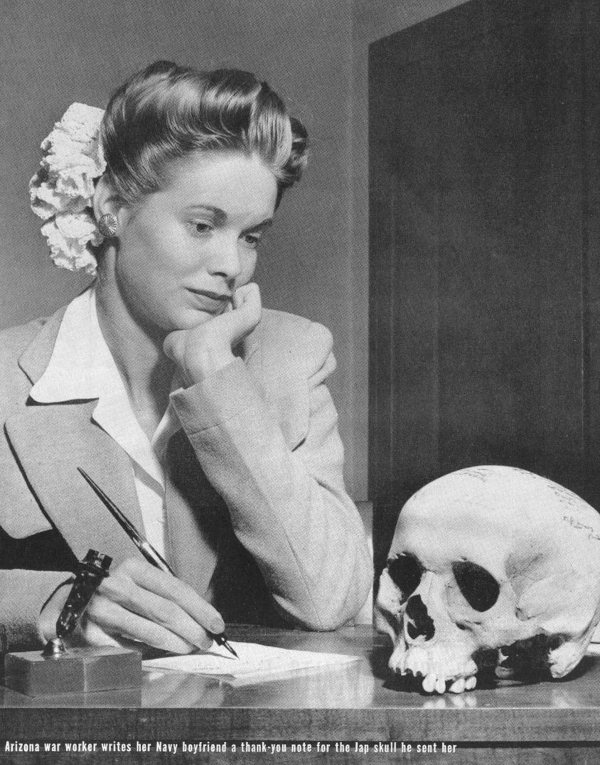 A young woman ponders a Japanese skull her boyfriend sent her from the Pacific