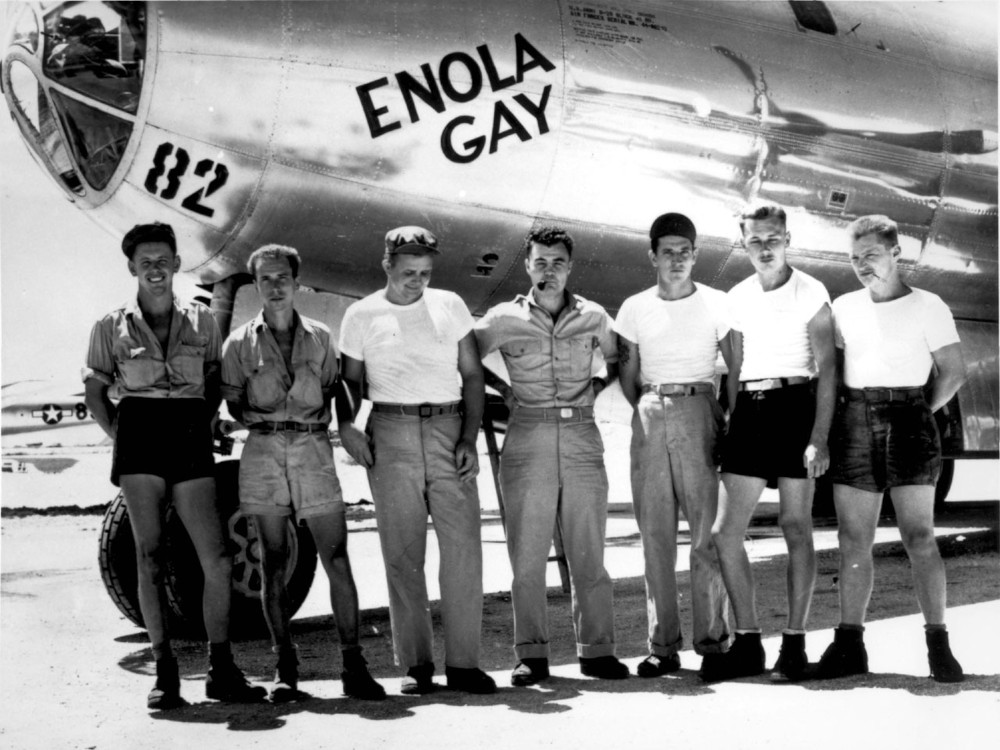 Enola Gay dropped the Little Boy atomic bomb on Hiroshima. Paul Tibbets (center in photograph) can be seen with six of the aircraft's crew.