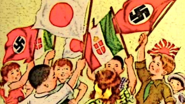Flag bearing Germanic and Japanese children dancing together