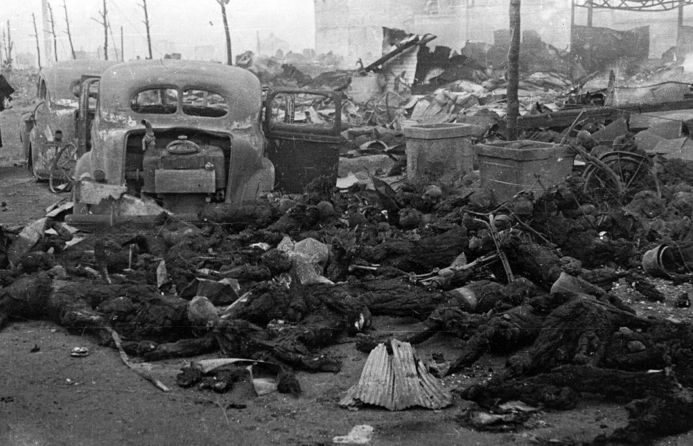 Charred remains of Japanese civilians after the raid