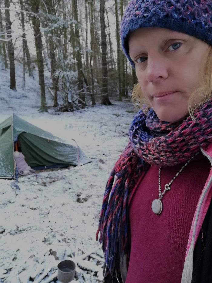 leonie camped out in the snow, peebles, scottish borders