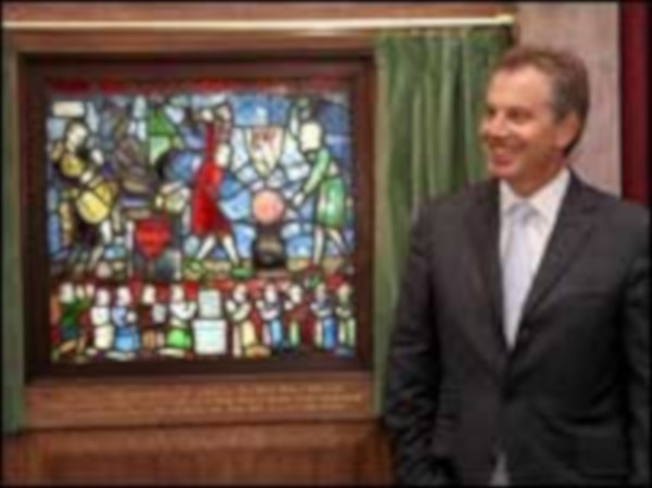 Tony Blair next to Wolf in Sheeps Clothing Fabian Soceity Window