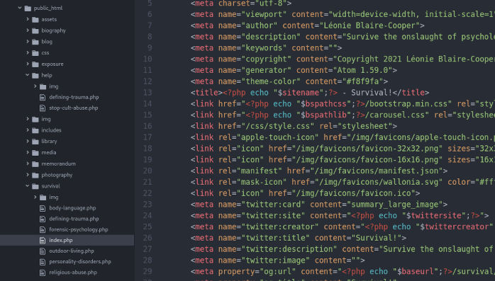 screenshot of website php and html code edited with atom code editor